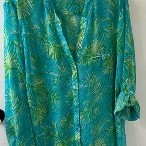 Kut from the Kloth Teal and Green Palm-Print Button Down Blouses